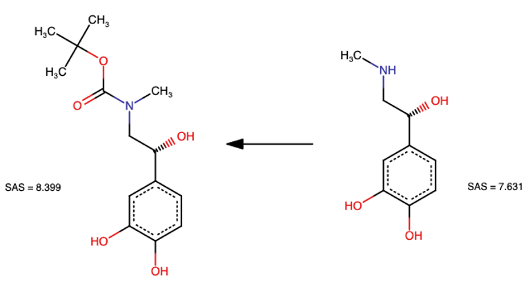 Figure 1. Depiction of smoothing function applied to scores. Note, that over small and moderate values (x-axis), the synthetic accessibility score (y-axis) behaves close to linear. In other words, the returned score corresponds to the number of synthetic steps predicted by the model. For a higher number of predicted synthesis steps (around 10 or above), the related score is smoothened such that the returned value is still close to (and not greater than) 10. This allows to re-scaling all considered cases to [0, 10] interval. 